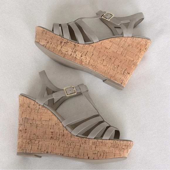 STEVE MADDEN Taupe Nalla Cork Wedge Platform Strappy Sandals / Women’s Size 8 - Picture 1 of 7